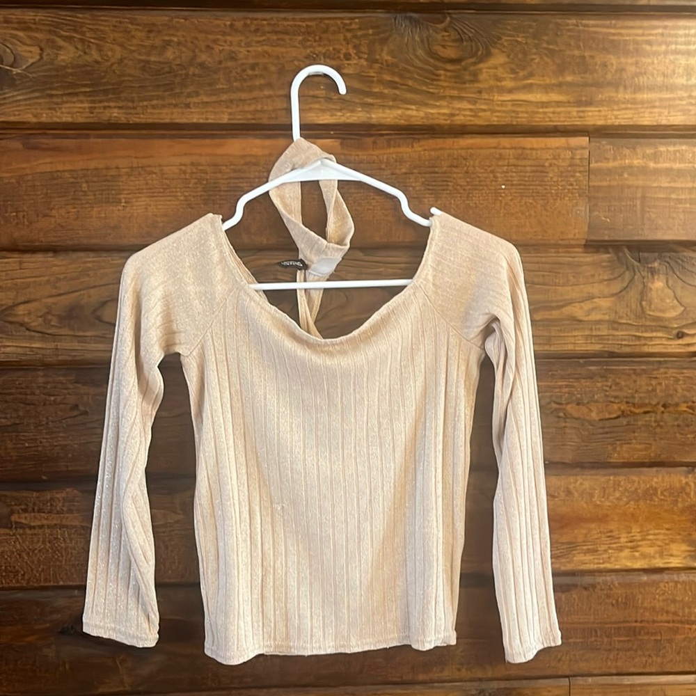cream - glittery colored top with long sleeves and neck addition